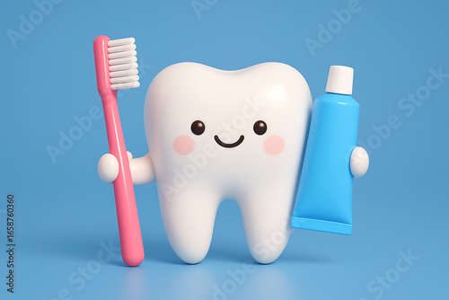 A cute 3d render of a happy tooth character holding a pink toothbrush and a tube of toothpaste, representing dental hygiene and oral health
