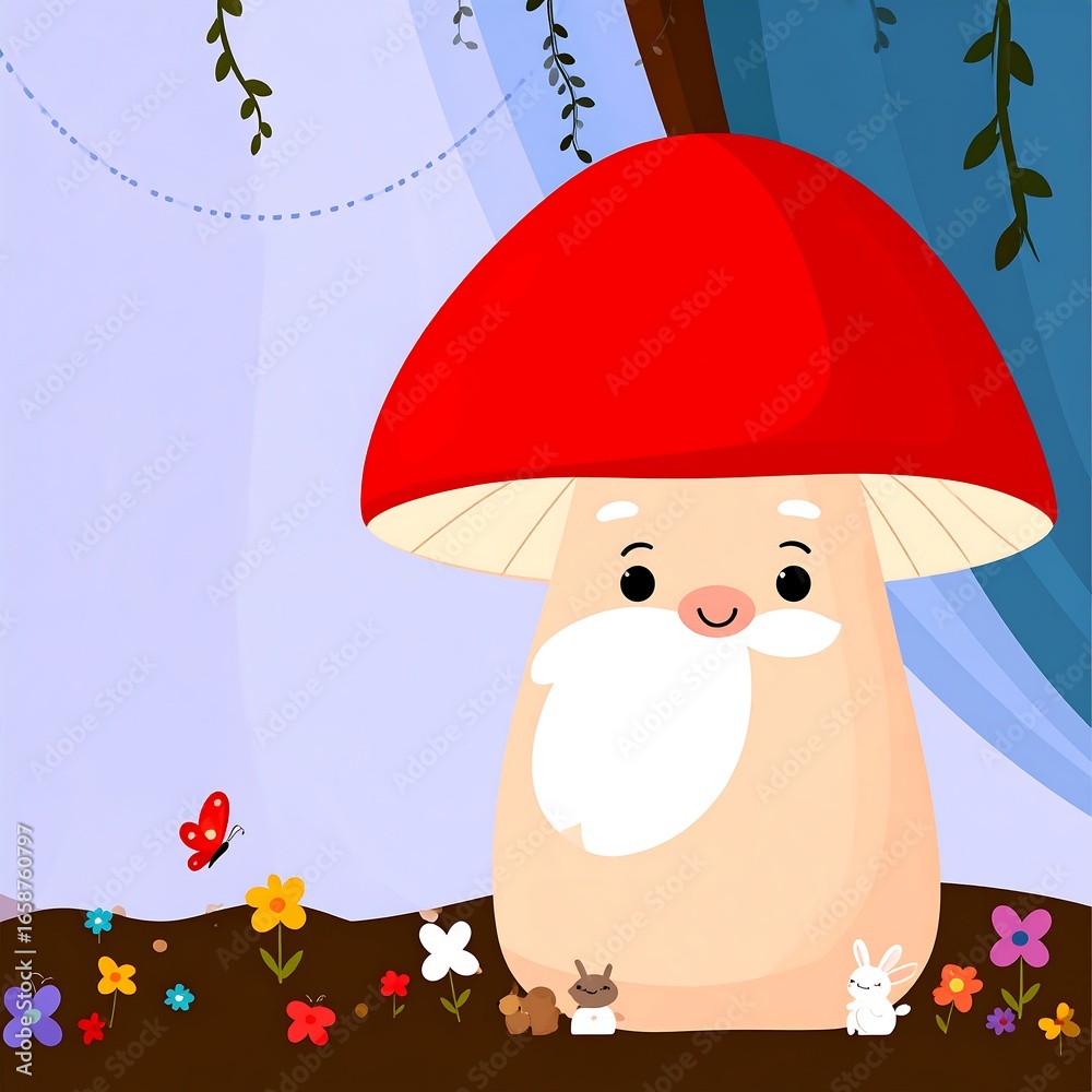Obraz premium Cute mushroom character surrounded by flowers and animals