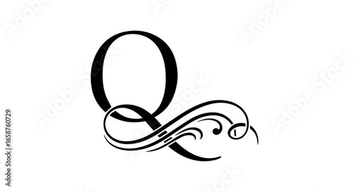 Elegant black calligraphic letter Q with an ornate flowing flourish A beautiful serif initial with decorative swirls.