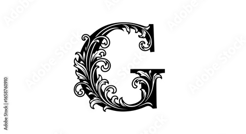 Elegant black capital letter G with intricate baroque floral flourishes and swirls.