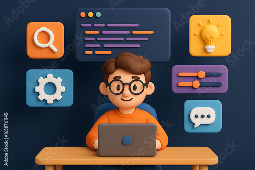 A charming 3d character illustration of a male software developer or programmer working on his laptop, surrounded by icons for coding, ideas, and problem solving