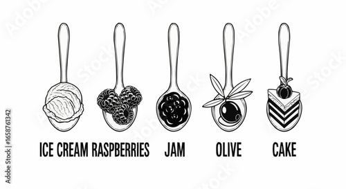 Artistic spoons filled with ice cream, raspberries, jam, olive, and layered cake create a modern food design, ideal for culinary blogs, recipe cards, and dessert promotions