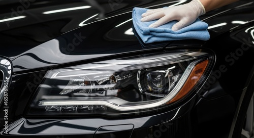 Closeup of a hand in a white glove polishing the shiny black car surface with a cloth