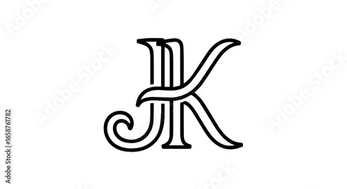 Elegant JK monogram with intertwined calligraphic letters and ornate swirls.