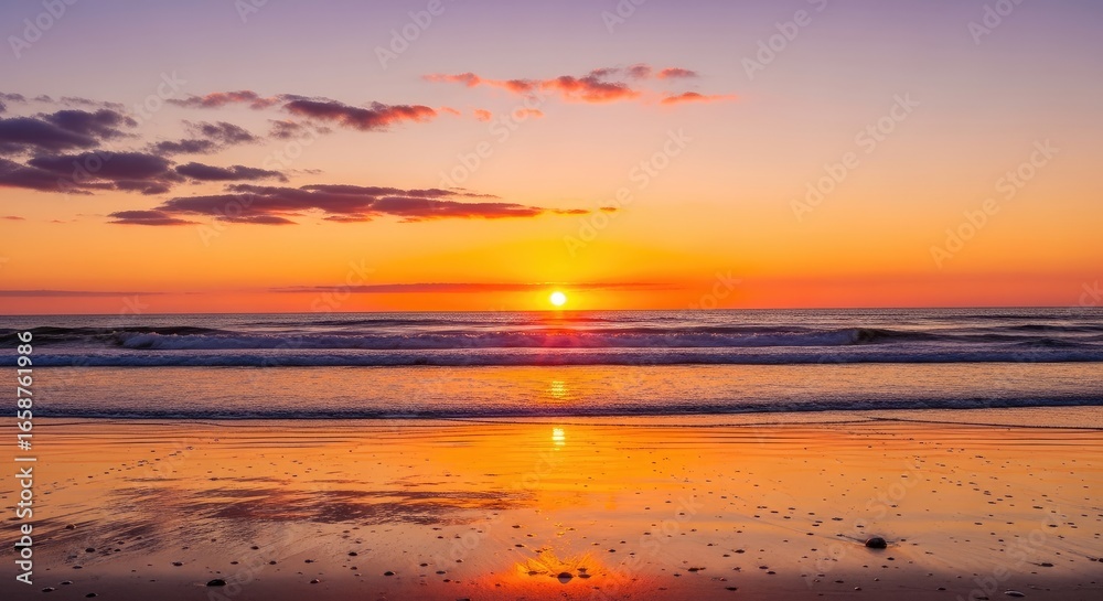 Obraz premium Vibrant ocean sunset with golden sun reflecting on water, dramatic and beautiful seascape.