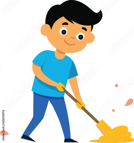 A cheerful young boy with dark hair wearing a blue t shirt and jeans is happily mopping the floor with a yellow mop