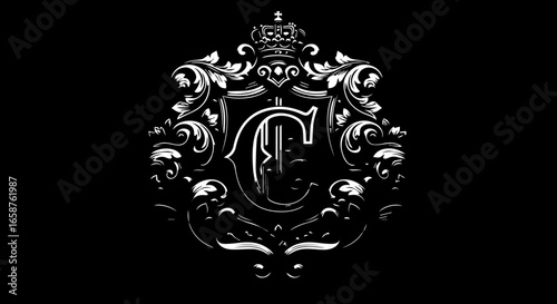 Elegant white heraldic crest featuring a letter C monogram royal crown and ornate baroque scrollwork.
