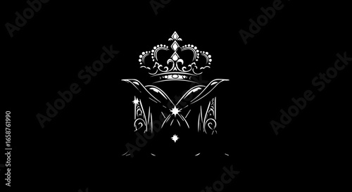 Elegant white crowned monogram of the letter M a stylized royal symbol with ornate filigree and stars.