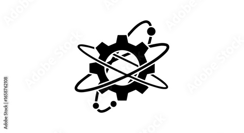 Flat black vector icon combining a mechanical gear with a scientific atom symbol representing technology and innovation.