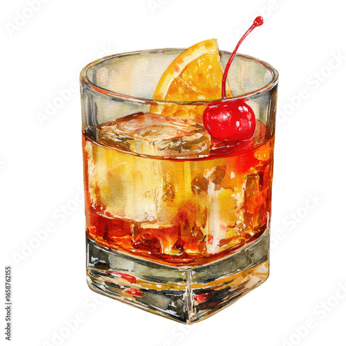Detailed illustration of a whiskey Old Fashioned cocktail.  A square glass holds amber-colored drink, ice cubes, orange slice, and a maraschino cherry.  Watercolor style, high detail