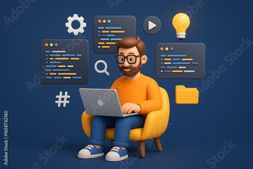 Young male coder working on laptop surrounded by software development icons and symbols for technology or programming