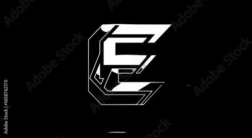 Futuristic and geometric white letter E with a 3D chiseled effect and sharp angular lines.