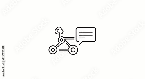 Futuristic robot rover line icon with a speech bubble symbolizing AI chatbot and automated communication.