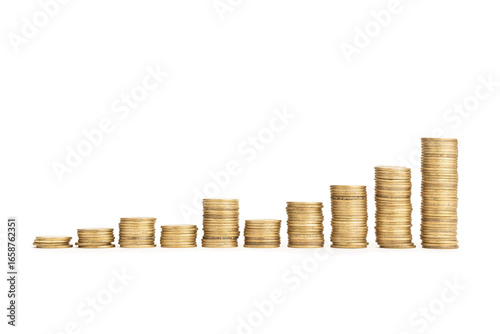 Rising Coin stacks on a white background. Growth, income, savings, investment concept. Symbol of wealth