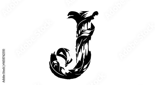 Gothic style black letter J with swirling floral ornamentation and jagged distressed details.