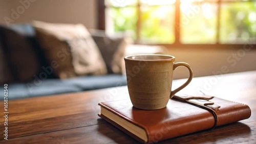 Wooden table with books, a cup of coffee.	