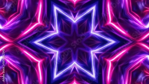 Symmetrical neon art with a central six-pointed star of pink light, surrounded by violet and blue glowing geometric shapes