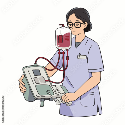 A dedicated medical professional meticulously manages a vital blood donation or transfusion process, ensuring patient safety and health with advanced medical equipment.
