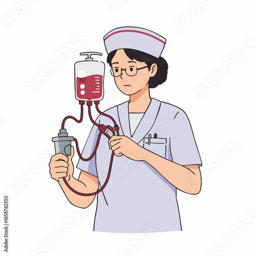 A diligent nurse meticulously handles a blood bag and intricate medical equipment, symbolizing the critical importance of healthcare professionals in life-saving procedures.