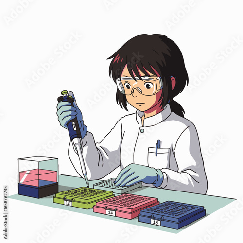 A focused young female scientist, depicted in a charming anime-style illustration, carefully pipettes liquid samples into various lab plates for scientific research.