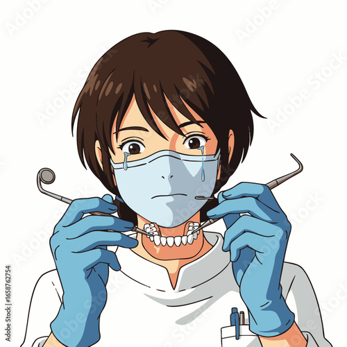 Anime-style dental professional, masked and gloved, carefully holds specialized instruments and a jaw model, symbolizing the precise nature of modern dentistry.