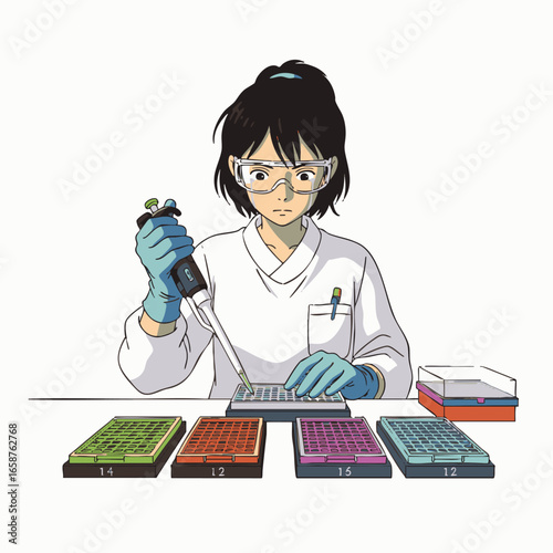 An animated young scientist diligently conducts a precise laboratory experiment using a micropipette to transfer samples into colorful multi-well plates for analysis.