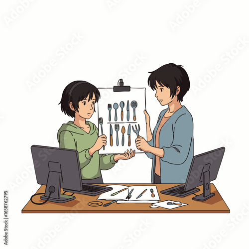 Two designers collaboratively review various cutlery prototypes displayed on a whiteboard, engaging in a detailed discussion about product aesthetics and functionality.
