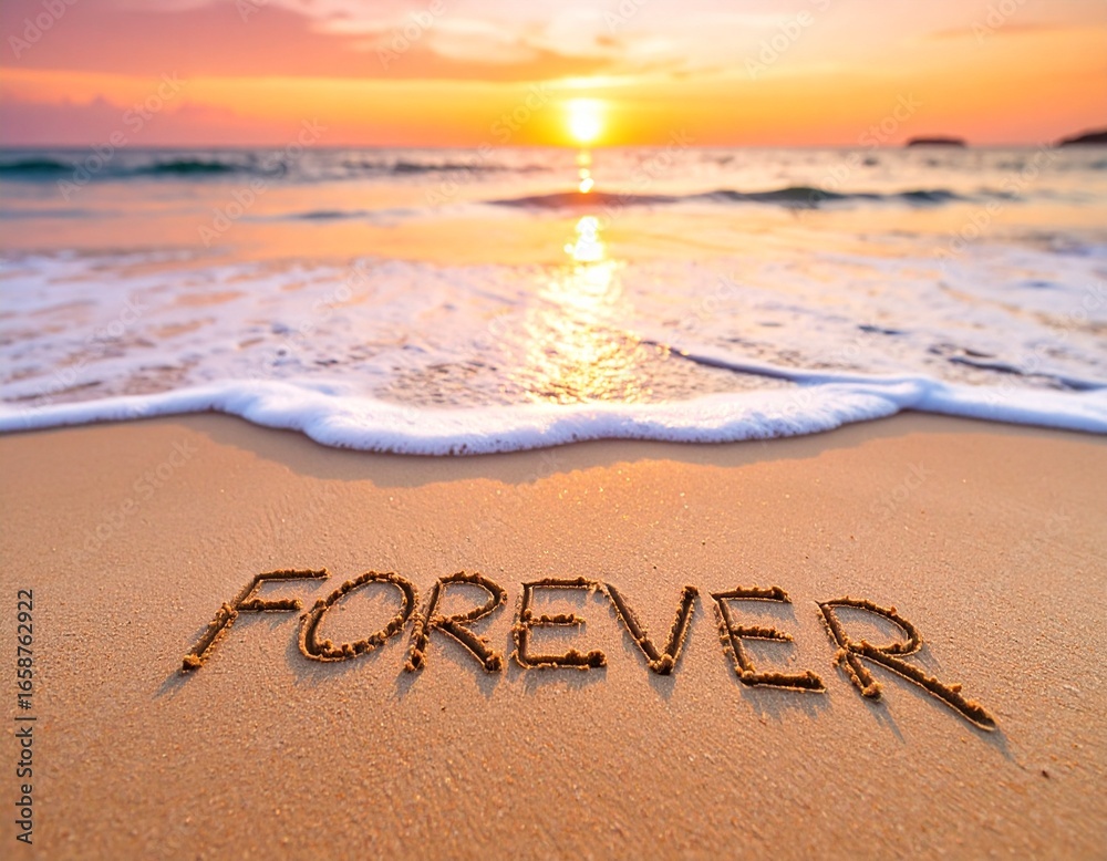 Fototapeta premium Forever word carved in beach sand with dreamy sunset light for love, wedding, and inspirational branding backgrounds