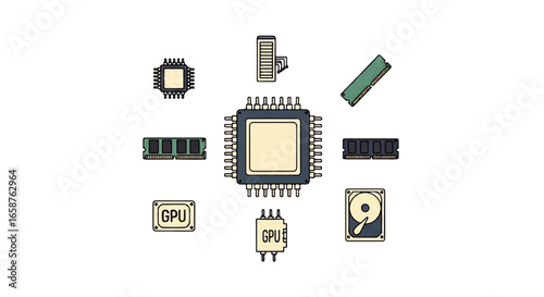 Illustrated set of computer hardware components including CPU GPU RAM and a hard drive.