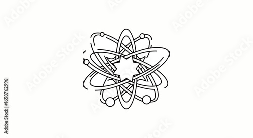 Intricate line art of a stylized atom with a starshaped nucleus and complex orbits.