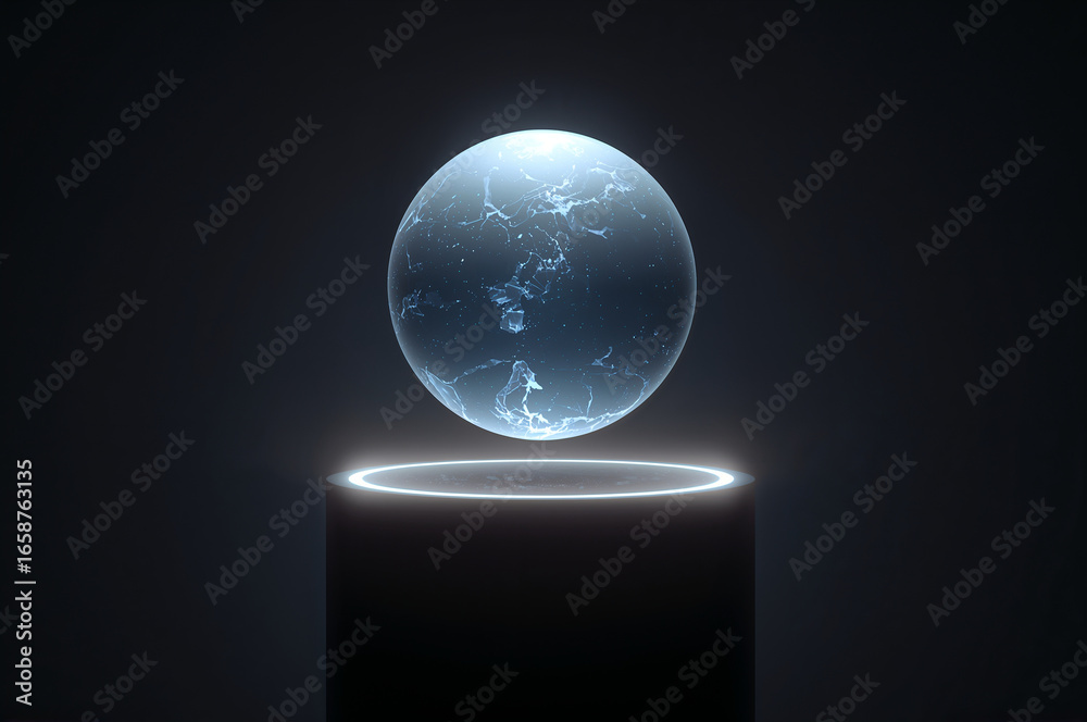 Fototapeta premium A glowing orb floats above a platform, creating a futuristic and ethereal image.