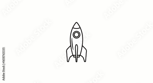 Minimalist black line art icon of a cartoon rocket ship with a round porthole and three fins.