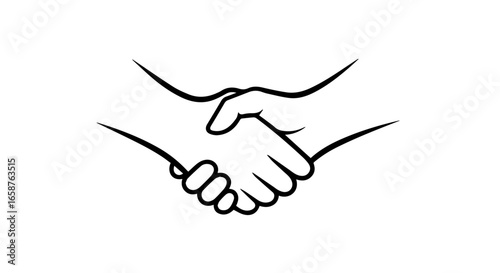 Minimalist black line art icon of two hands clasped in a firm handshake gesture rendered in a simple clean graphic style.