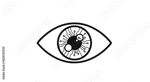Minimalist black line art of a bionic eye with a circuit board iris and technological elements.