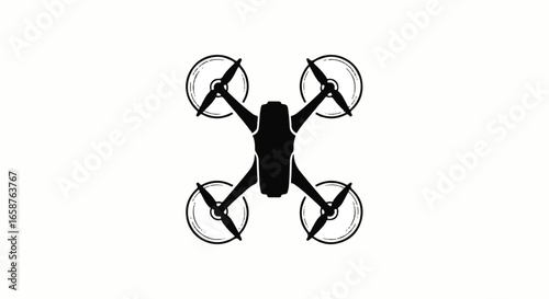 Minimalist black silhouette of a quadcopter drone with four propellers topdown aerial view vector icon.