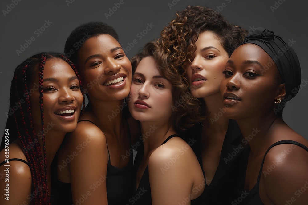 Obraz premium Diverse group of happy women smiling at camera, multicultural friends