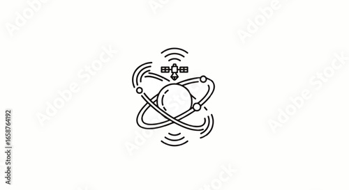 Minimalist line art icon of a satellite orbiting a planet transmitting signals.