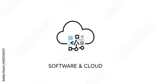 Minimalist line icon of a cloud containing a software development flowchart and code symbol.