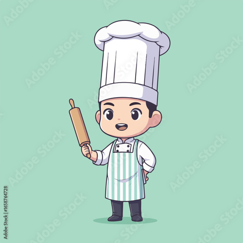 A happy chef holding a rolling pin, cartoon character with a cute and cheerful expression, perfect for bakery or restaurant branding and marketing materials