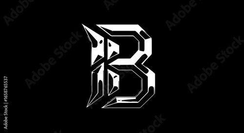 Monochrome futuristic letter B logo with sharp angular lines and a beveled 3D effect.