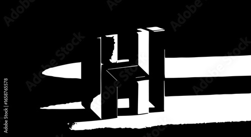 Monochrome graphic illustration of a solitary angular chair in a highcontrast stencil style.