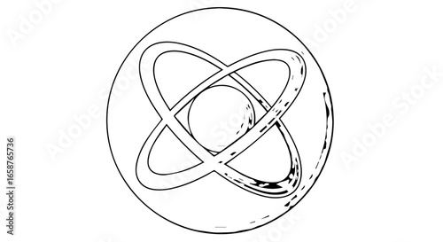 Monochrome sketch of an atomic symbol with a central nucleus and intersecting elliptical orbits.
