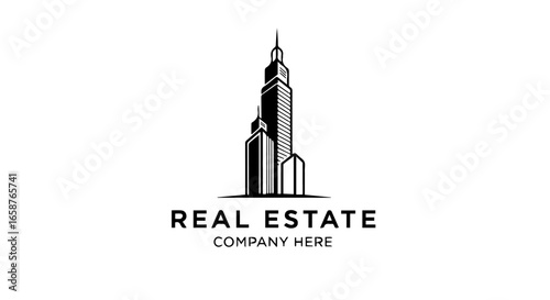 Monochrome real estate logo featuring a stylized skyscraper cluster icon and bold text.