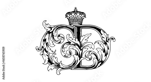 Ornate black and white CD monogram with a royal crown and acanthus leaf scrollwork.