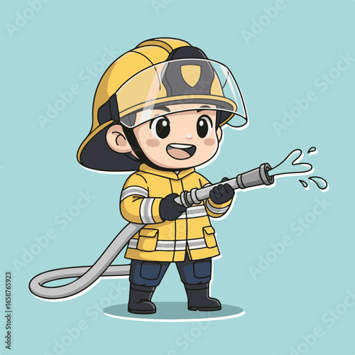 Cartoon firefighter boy spraying water with a hose, showcasing a brave and cheerful young hero in uniform, vector illustration