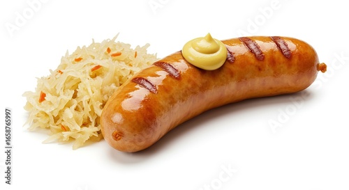 Delicious Grilled Bratwurst Sausage With Sauerkraut and Mustard Isolated on Transparent Background