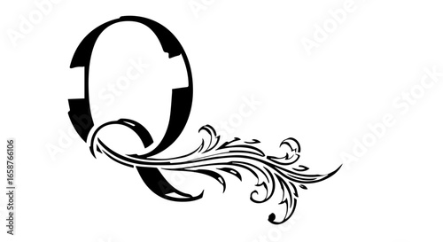 Ornate black silhouette of the capital letter Q with an elegant flowing floral flourish extending from its tail.