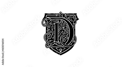 Ornate black letter D initial with intricate floral swirls set within a decorative shield crest.