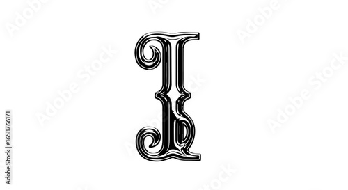 Ornate capital letter I in a black vintage style with decorative swirls and 3D effect.