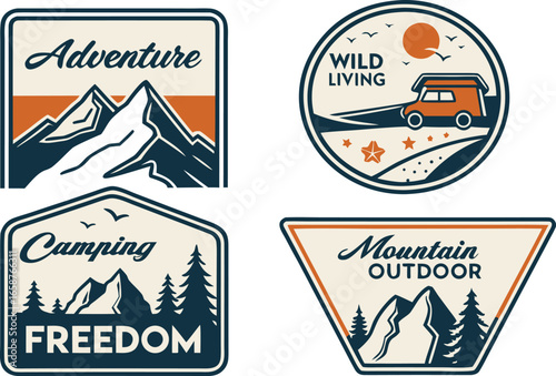 Vector art of vintage adventure camping freedom mountain outdoor wild living van travel design set